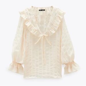 Zara Ruffled Cream White Bow Blouse Striped Sparkle Top